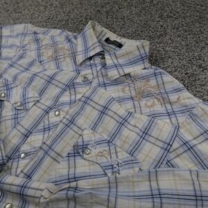 Western Shirt Mens M Blue Plaid Sawtooth Pearl Snap Up Cowboy Rodeo Ranch Yoke